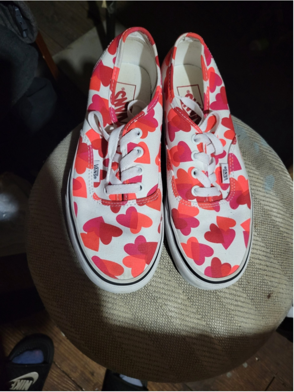 Vans White Canvas Sneakers with Pink & Orange Heart Pattern